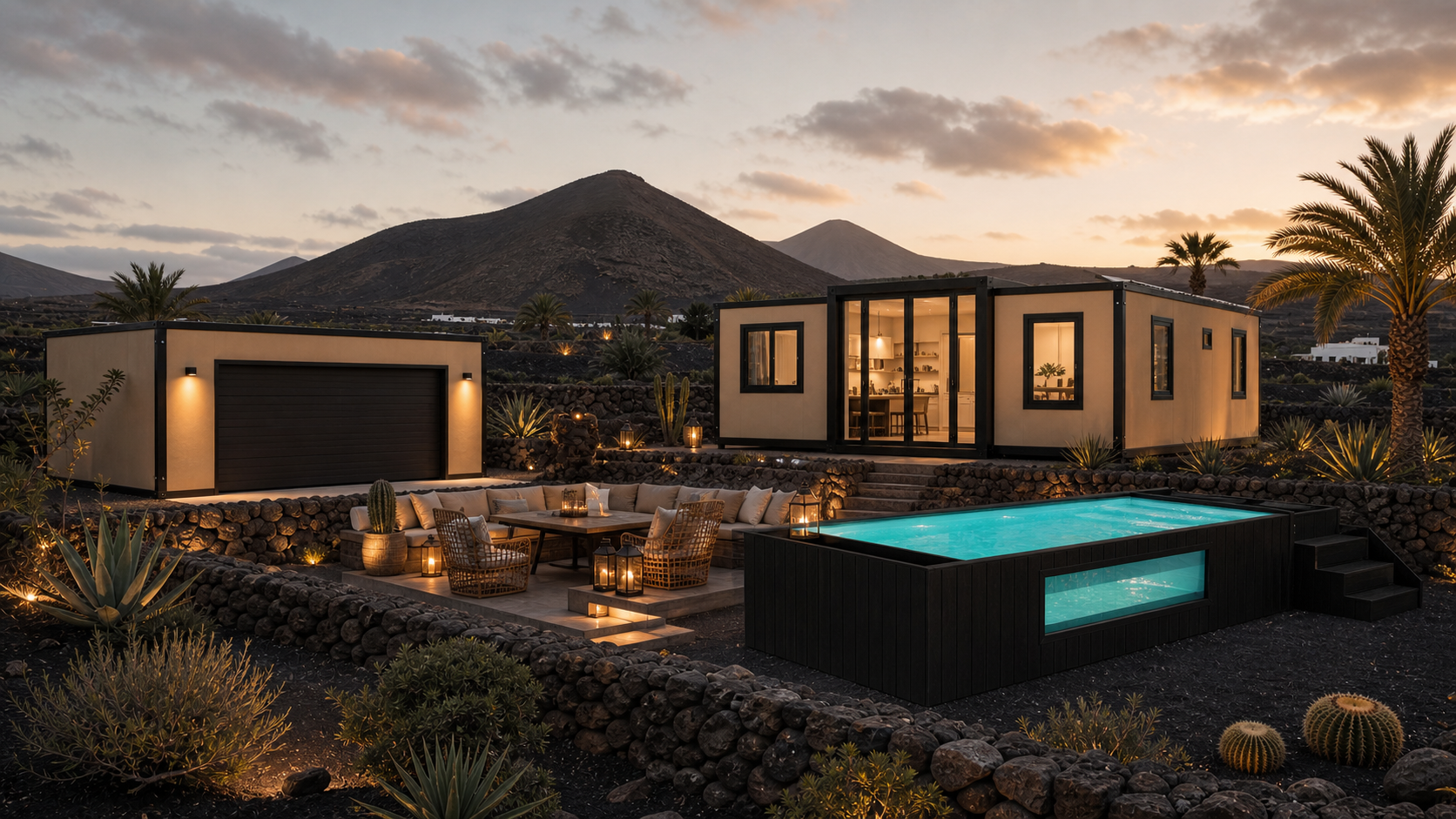 Combo x3 con casa modular beige arena, garaje de techo plano y piscina en Lanzarote